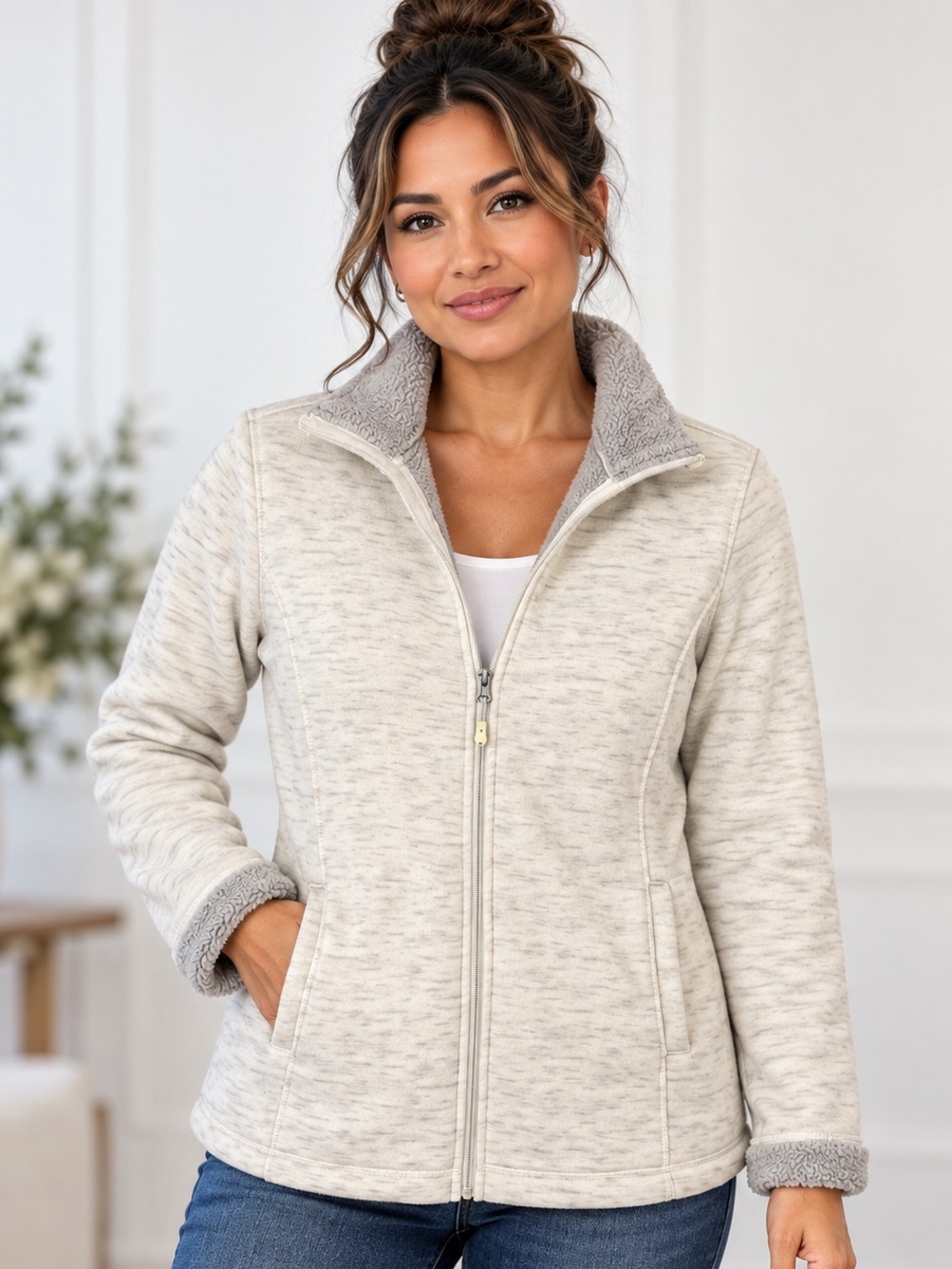 32 Degrees Heat Jacket Size M Ivory Gray Sherpa Fleece Lined Full Zip